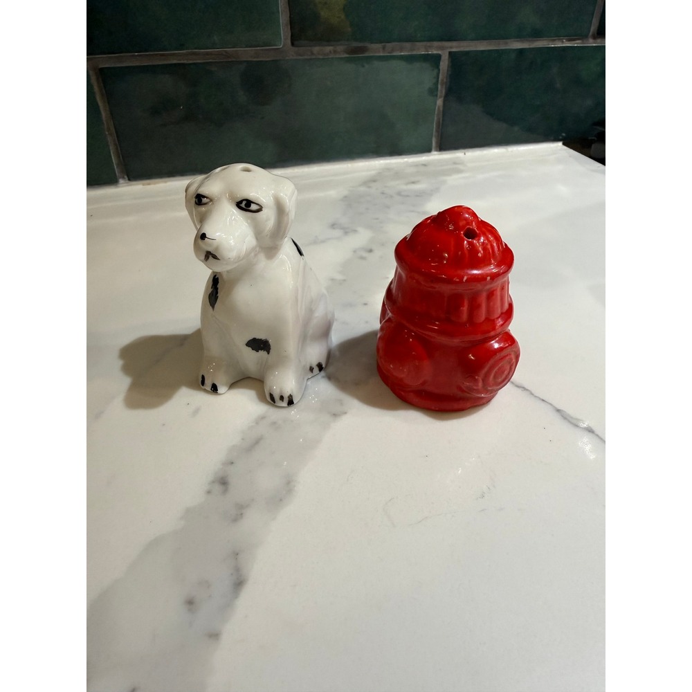 Vintage Dalmatian Dog and Red Fire Hydrant Ceramic Salt and Pepper Shaker Set